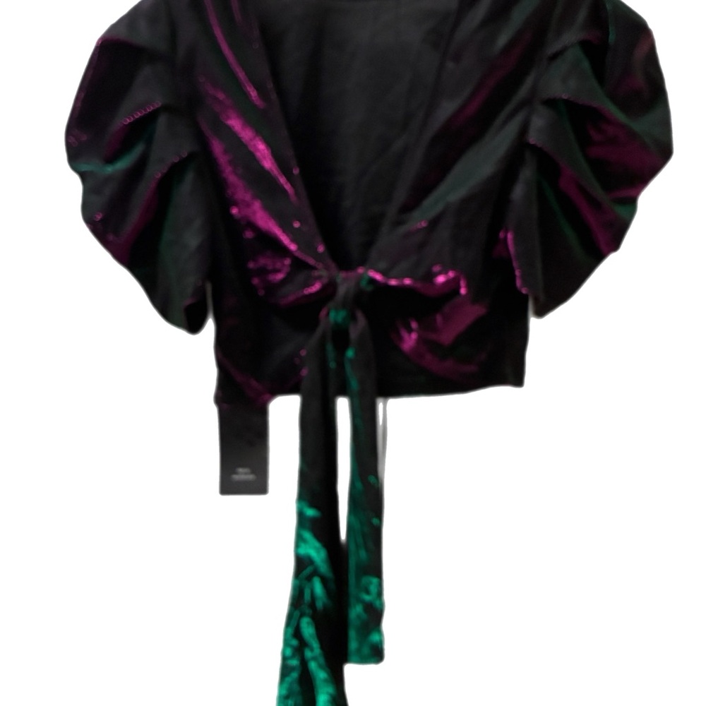 SHEIN Black Top with Iridescent Purple & Green Tie-Front